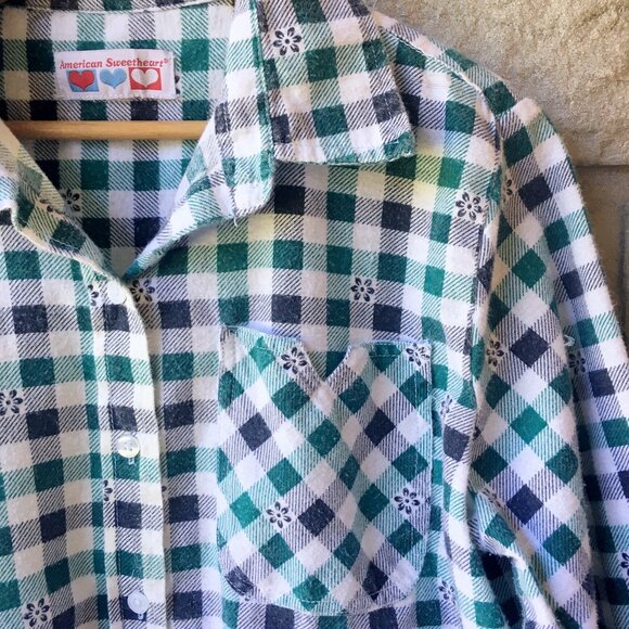 90s Vintage Flannel Floral & Gingham Button Down - Picture 1 of 4